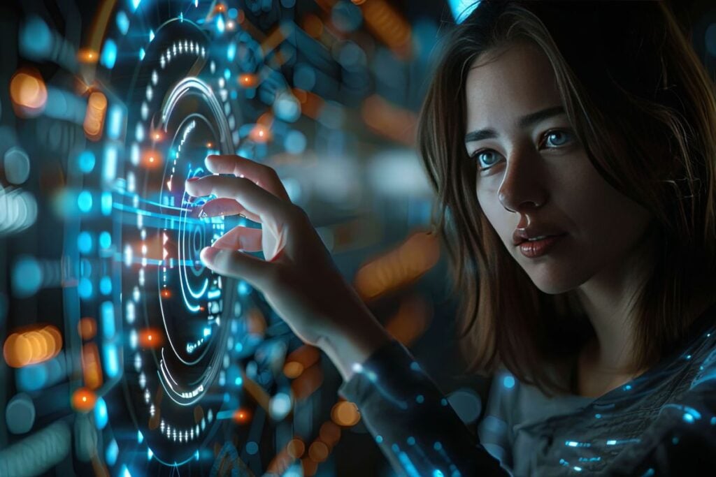 
Woman interacting with a futuristic interface