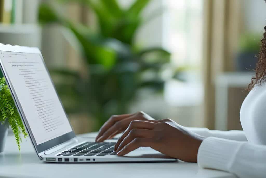 Woman working from home typing on her laptop