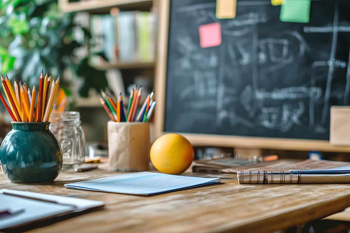 Educational tools on teachers desk in a warm classroom