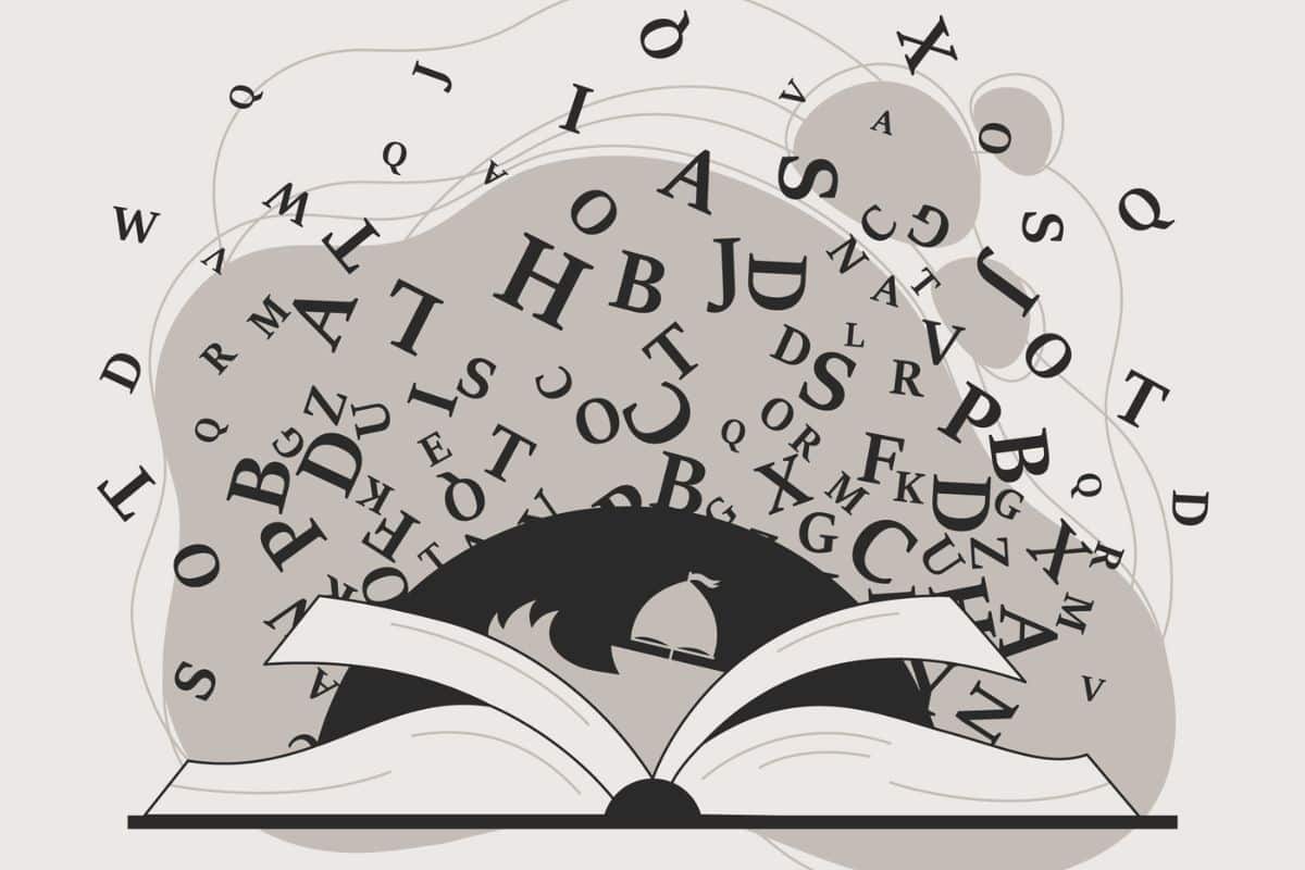 Иллюстрация открытой книги с разбросанными буквами, вылетающими наружу