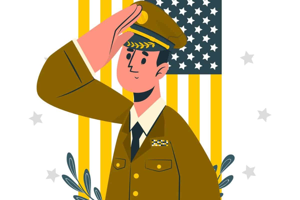 Illustration of a man saluting while looking up with a flag in the background