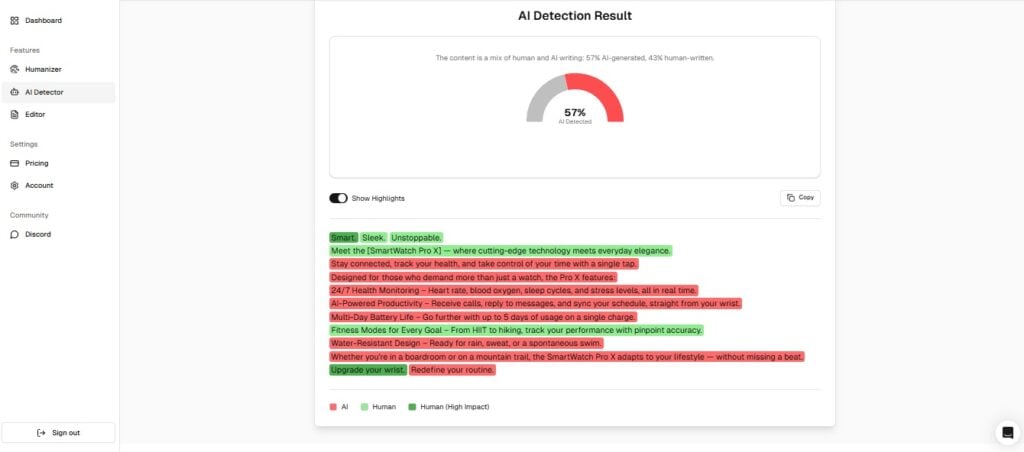 Screenshot of Stealthwriter AI showing AI detection results