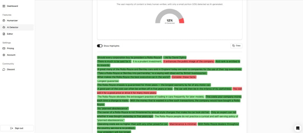 Screenshot of Stealthwriter AI showing AI detection results