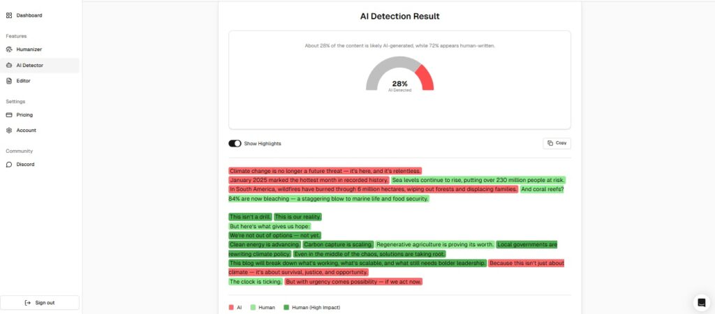Screenshot of Stealthwriter AI showing AI detection results