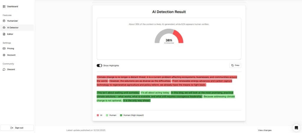 Screenshot of Stealthwriter AI showing AI detection results