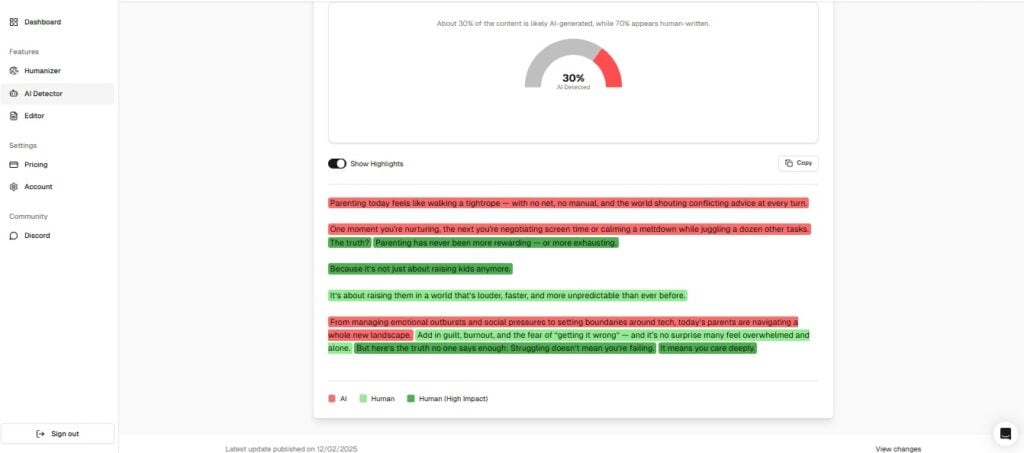 Screenshot of Stealthwriter AI showing AI detection results