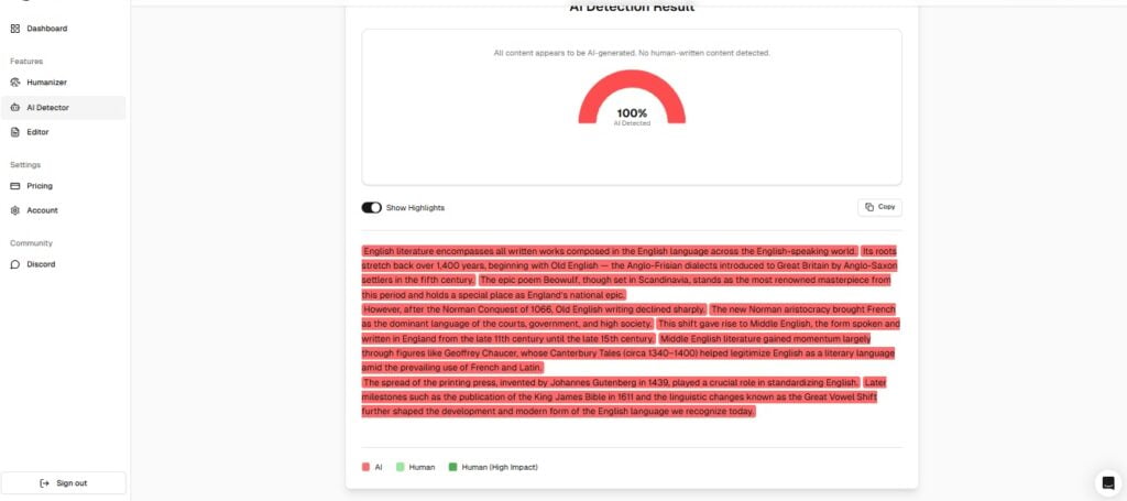 Screenshot of Stealthwriter AI showing AI detection results
