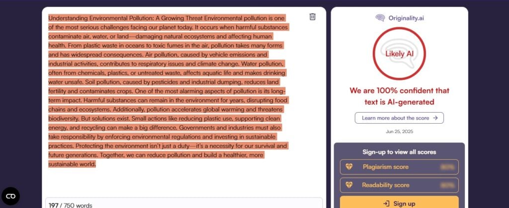 Screenshot of Originality.ai Advanced Scan showing AI detection results for submitted text