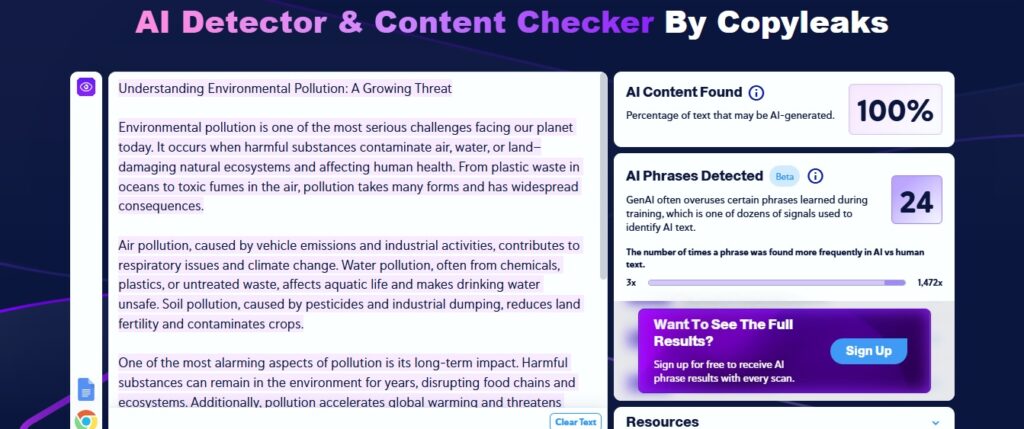 Screenshot of Copyleaks Advanced Scan showing AI detection results for submitted text