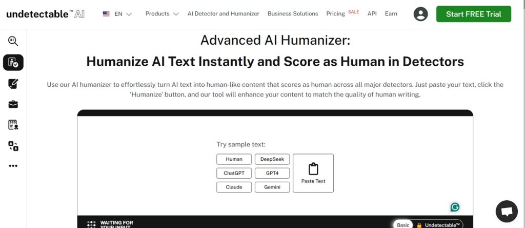 Skærmbillede af Undetectable AI-grænsefladen, der viser Advanced AI Humanizer-værktøjet i aktion