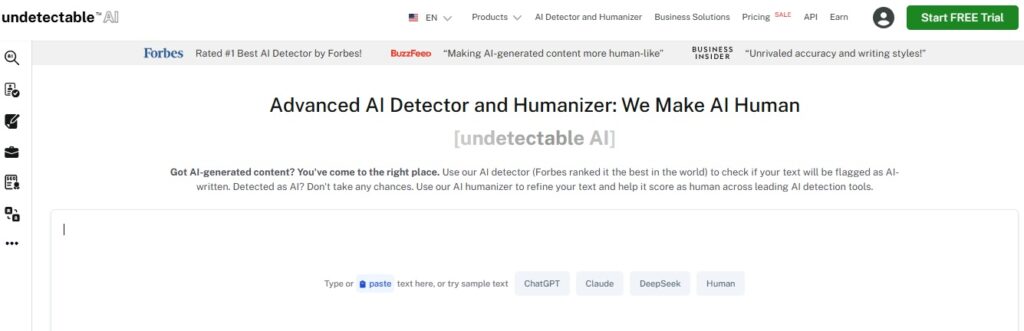 显示高级人工智能检测器和 Humanizer 工具界面的 Undetectable AI 截图