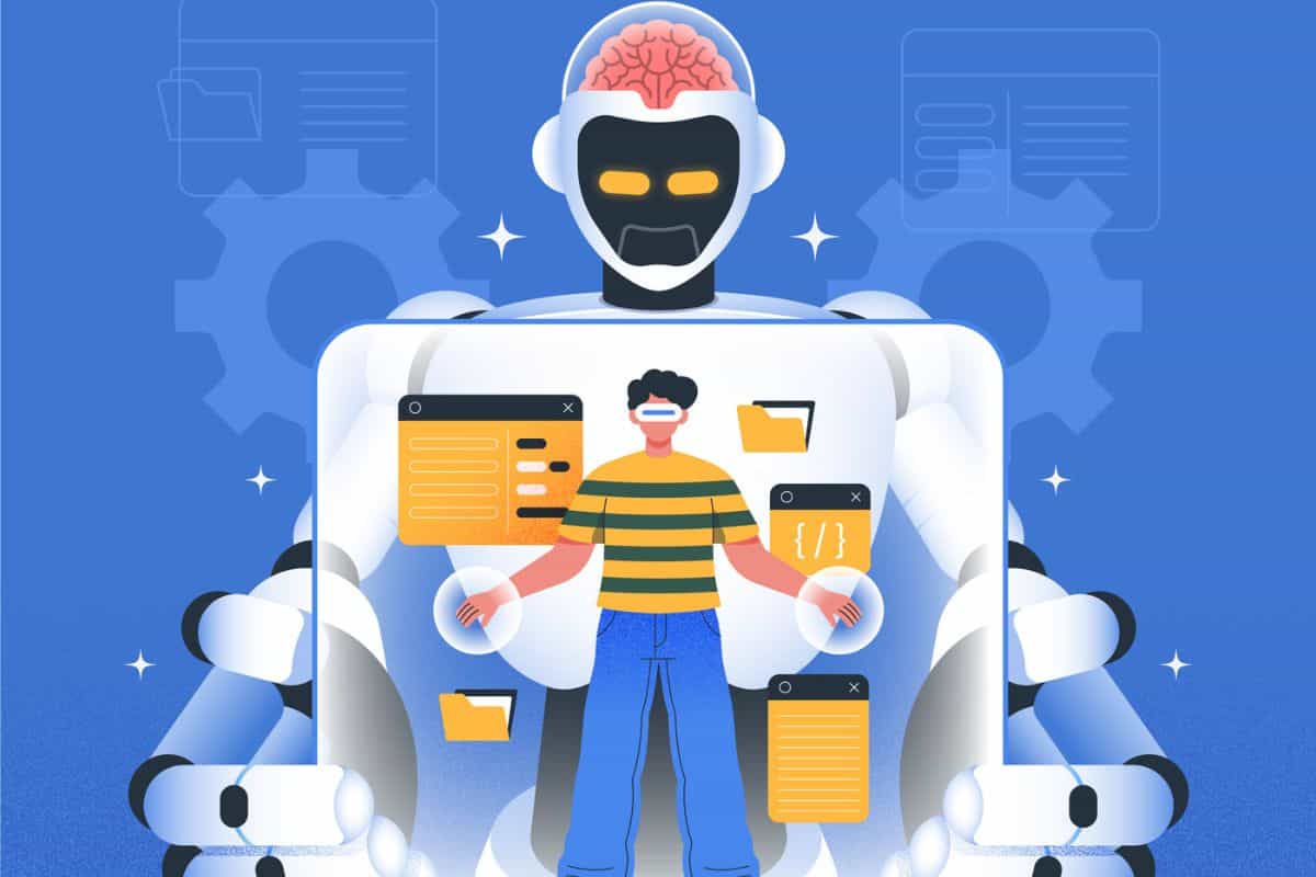 Illustrated image of a robot controlling or manipulating a human figure, symbolizing AI influence