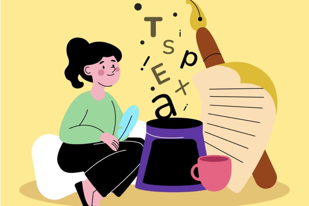 一位年轻女性用钢笔书写的插图，她的周围出现了漂浮的字母
