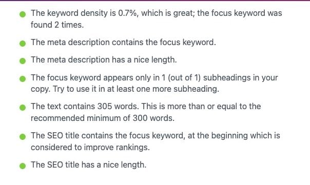 Screenshot of Yoast SEO plugin showing keyword density analysis and SEO readability score