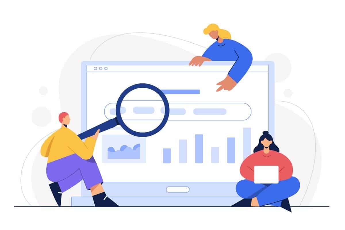 Illustrated image of three characters using a magnifying glass and a laptop to conduct keyword research