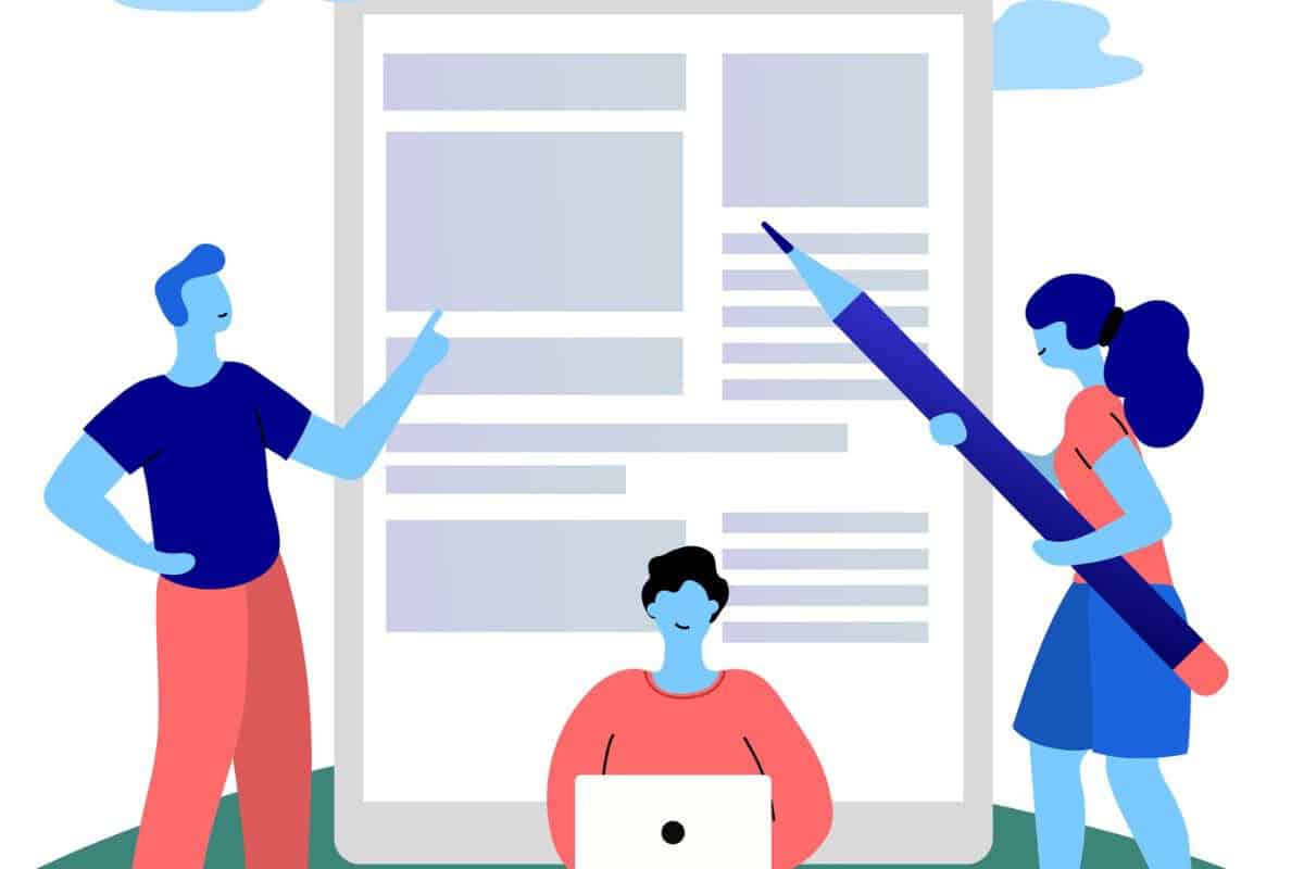 Image illustrée de trois personnes collaborant avec une grande tablette en arrière-plan
