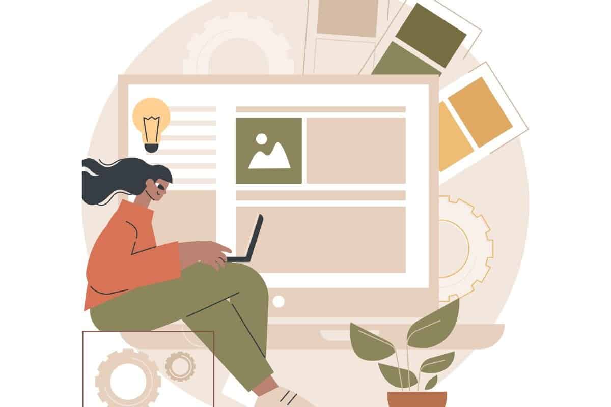 Illustrated image of a woman student working on a laptop in a cozy corner