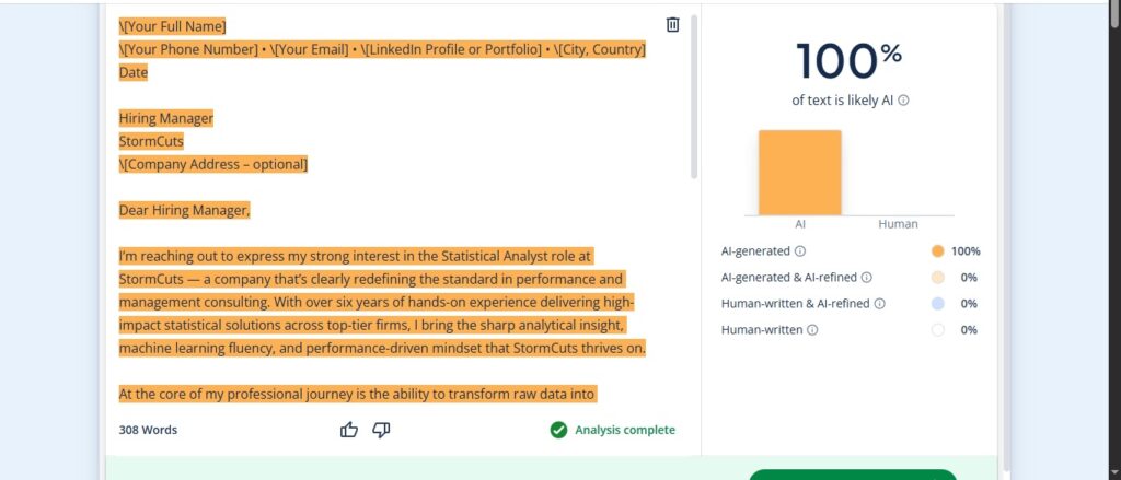 Στιγμιότυπο από το Scribbr που δείχνει το αποτέλεσμα του κειμένου 100% που πιθανότατα δημιουργήθηκε με τεχνητή νοημοσύνη