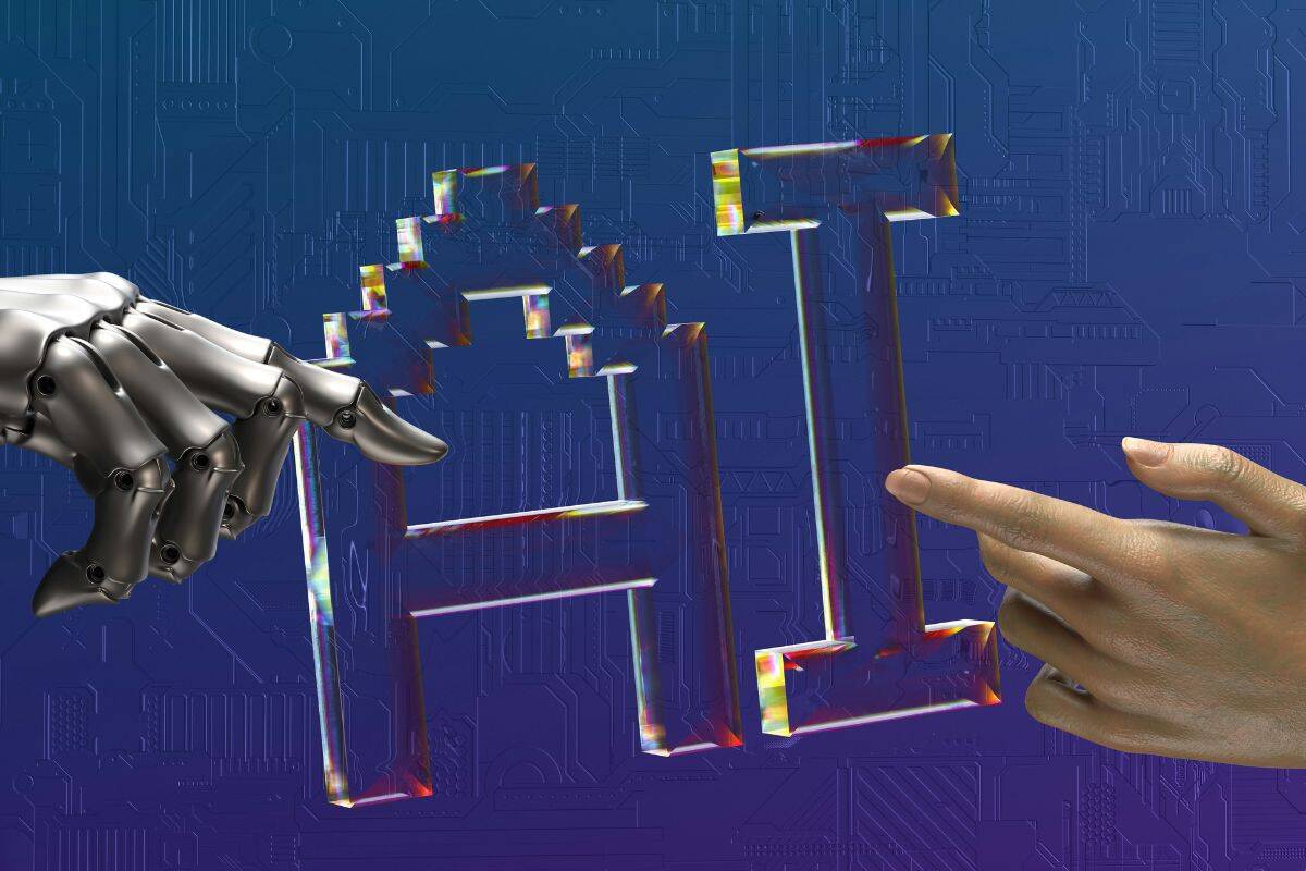 Иллюстрированное изображение слова AI с роботом и человеческой рукой, тянущейся к соединению