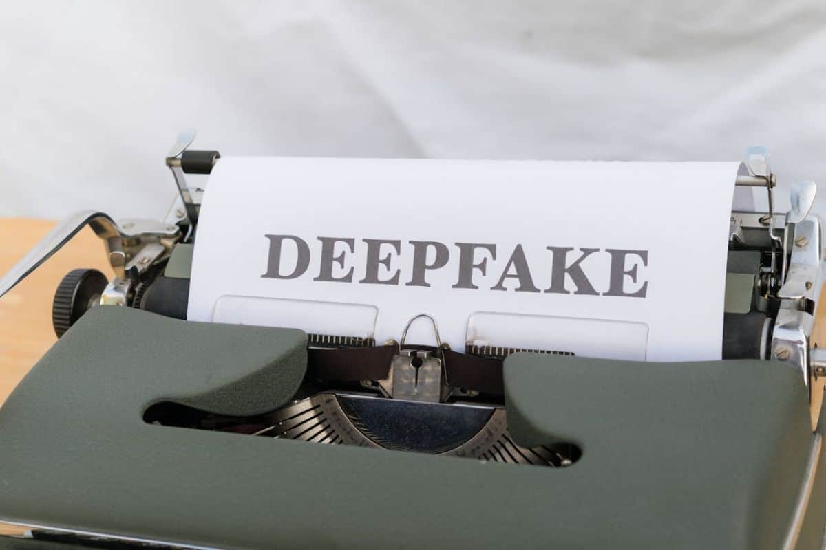 Μια γραφομηχανή με ένα χαρτί που γράφει deepfake