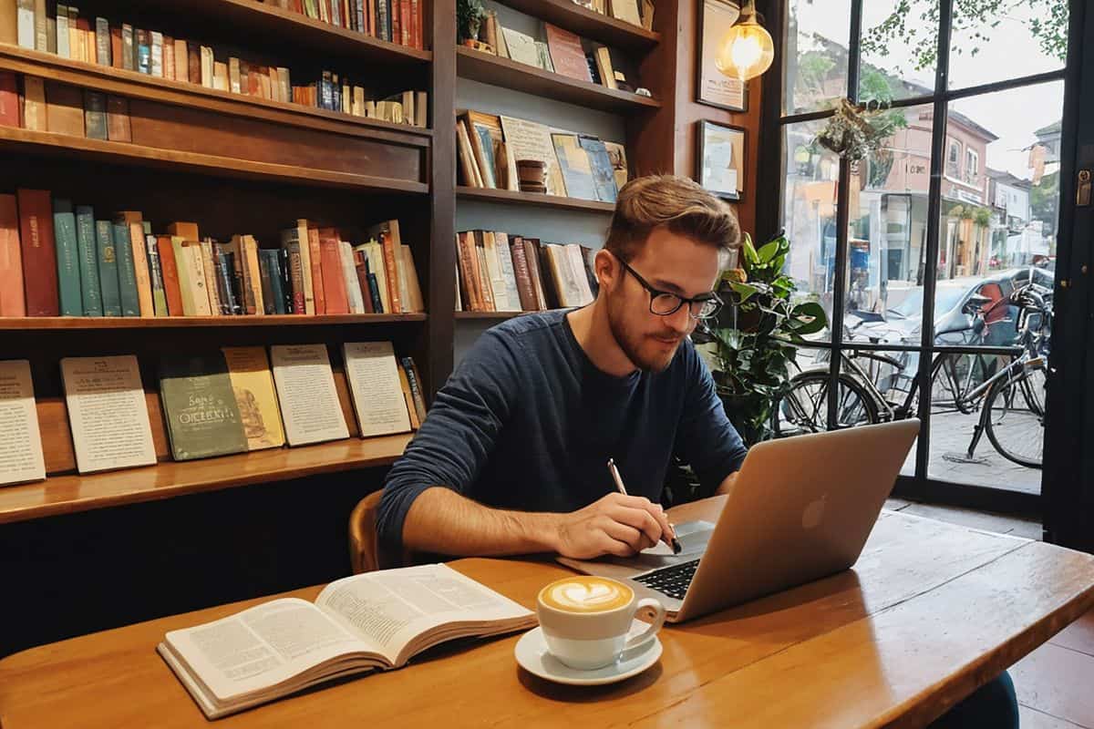A man sits at a table with a laptop and a book on his lap
