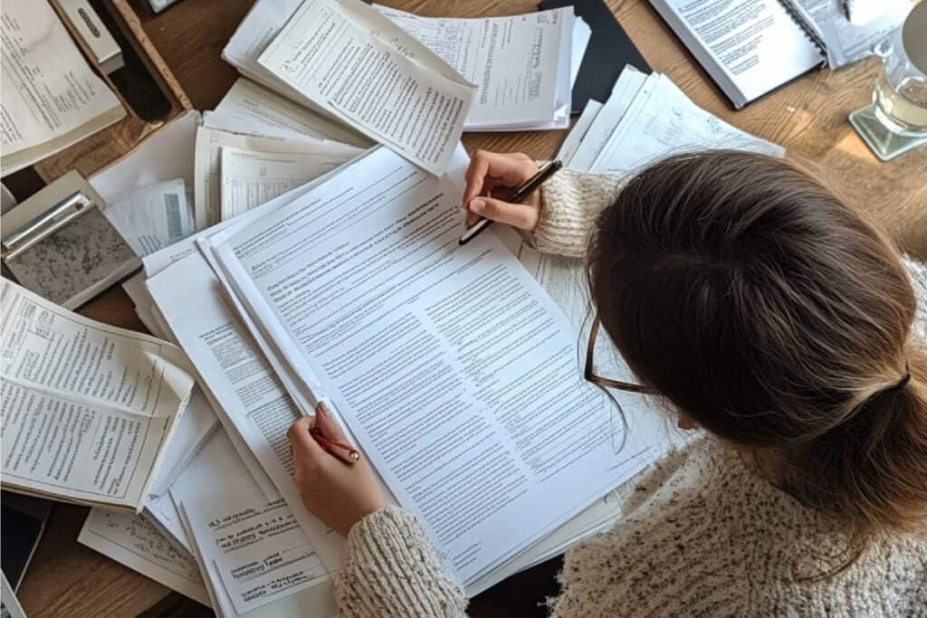 A student writing a research paper with various articles and sources