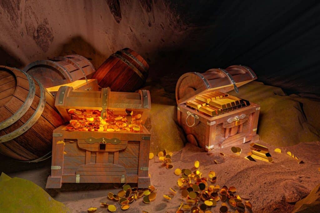 Golden coins and vintage treasure chest made of wooden panels
