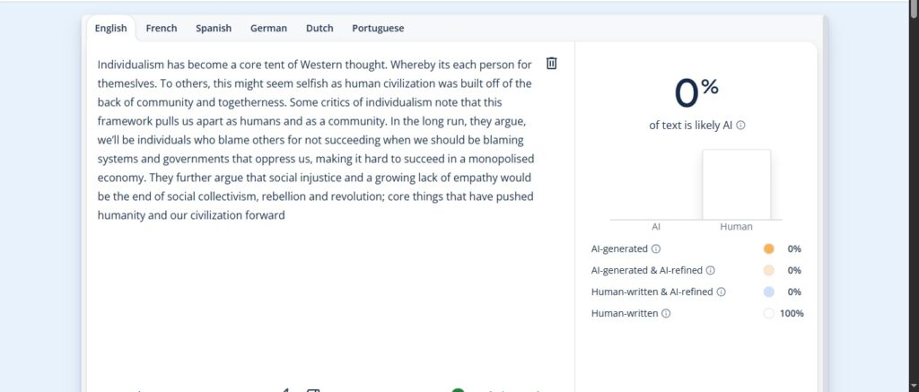 Στιγμιότυπο του Scribbr που δείχνει τα αποτελέσματα ανίχνευσης AI για το υποβληθέν κείμενο