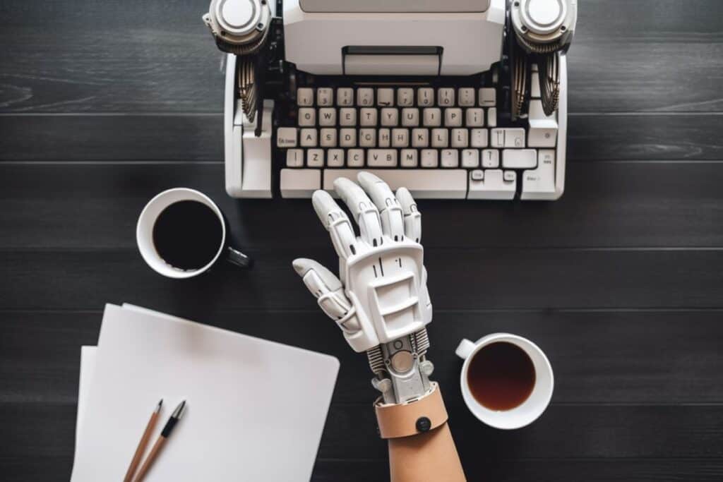 Photo topdown flat lay of robot hand using typewriter