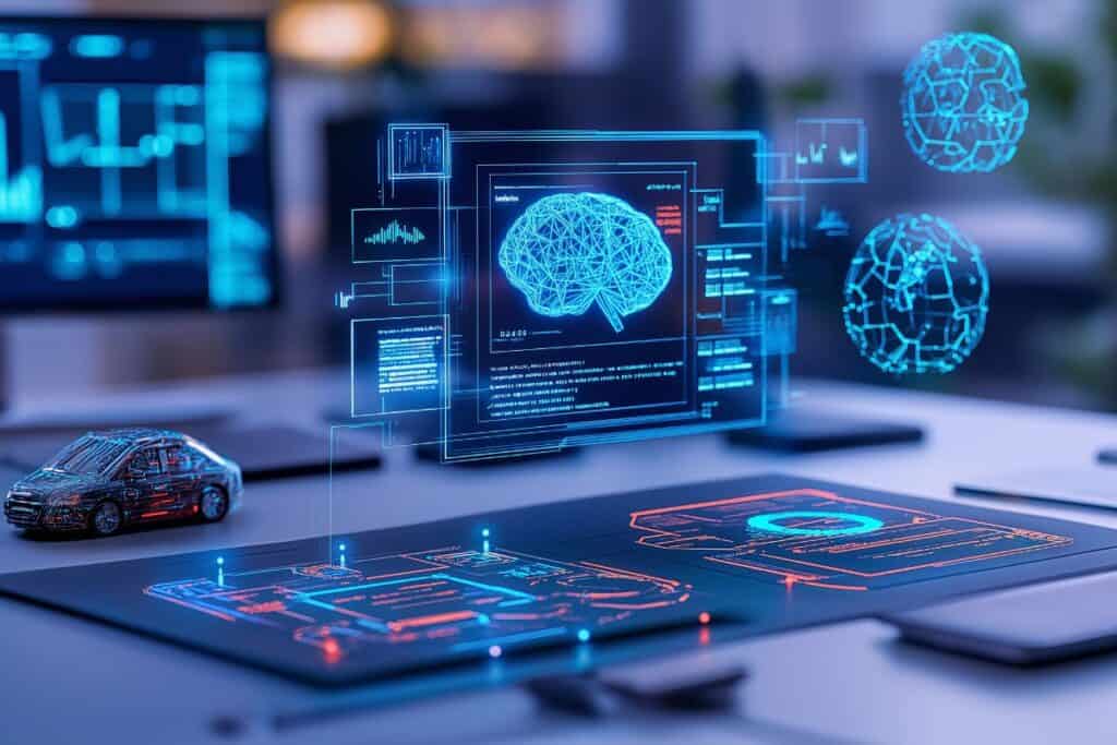 Futuristic ai and machine learning technology interface on laptop 