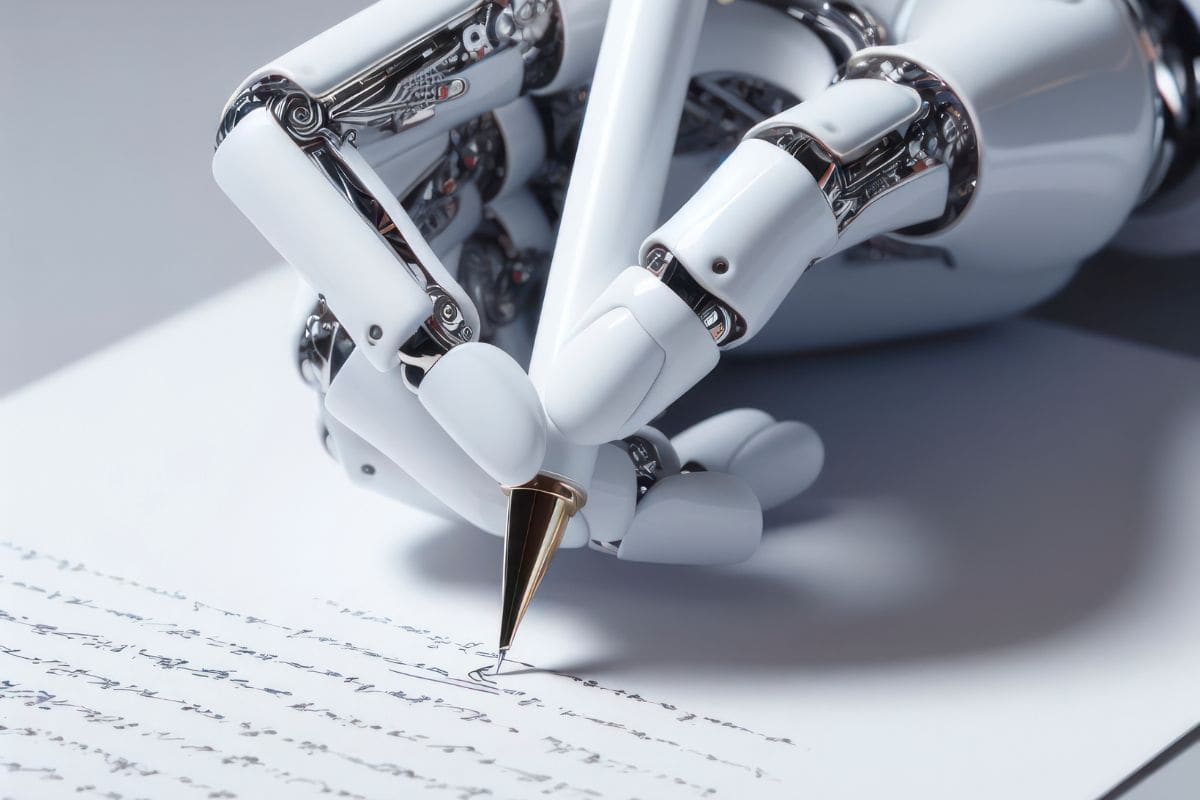 Robotic white hand with pen write on blank letter closeup ai generative