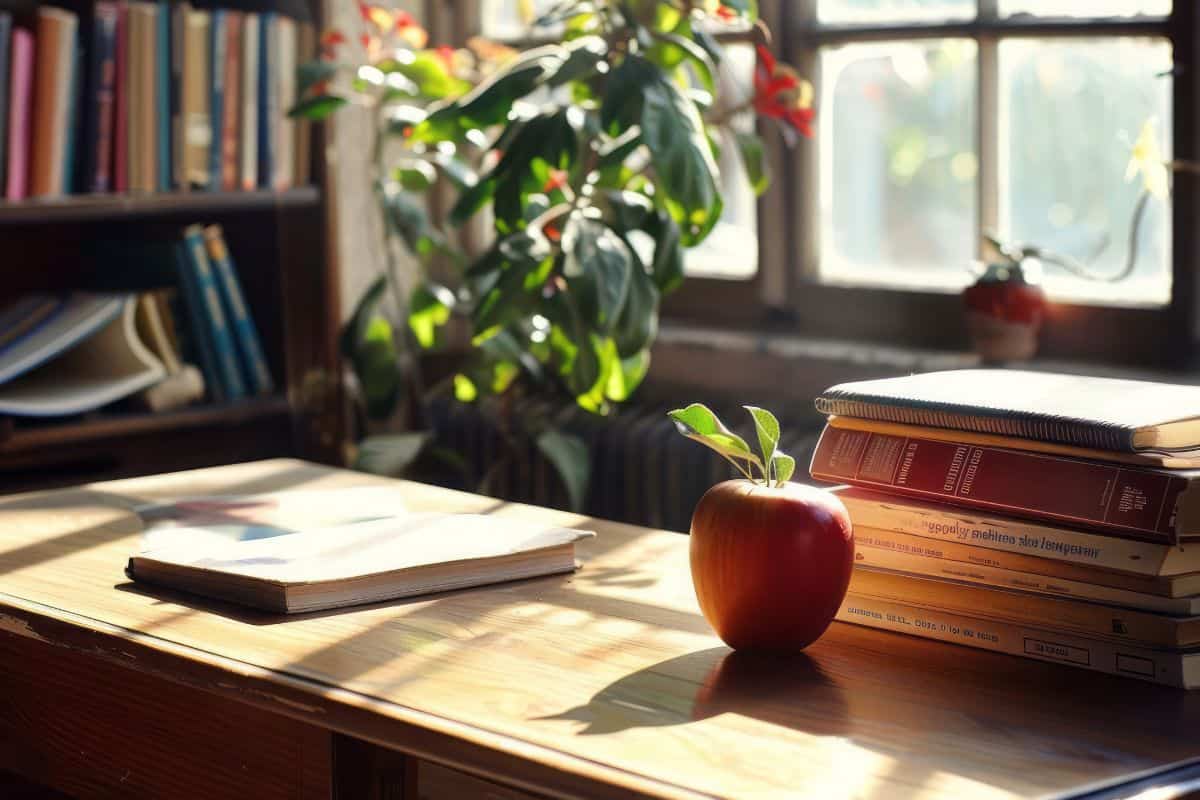 A welcoming classroom scene with a teacher desk a stack of literature