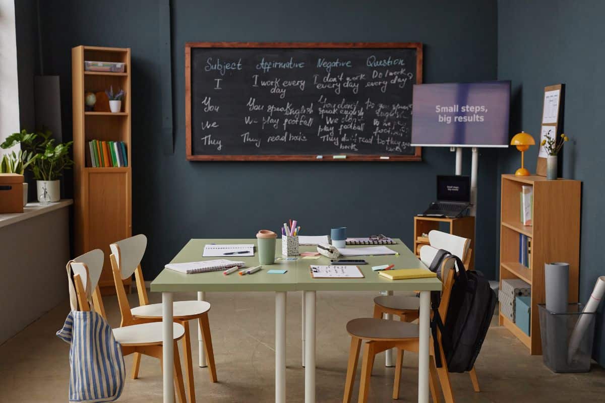 Empty classroom showing language learning materials