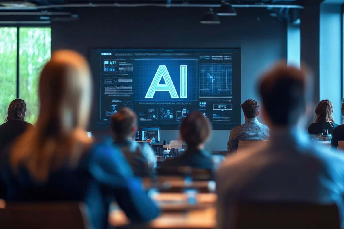 People attentively watching a presentation about ai on a large screen
