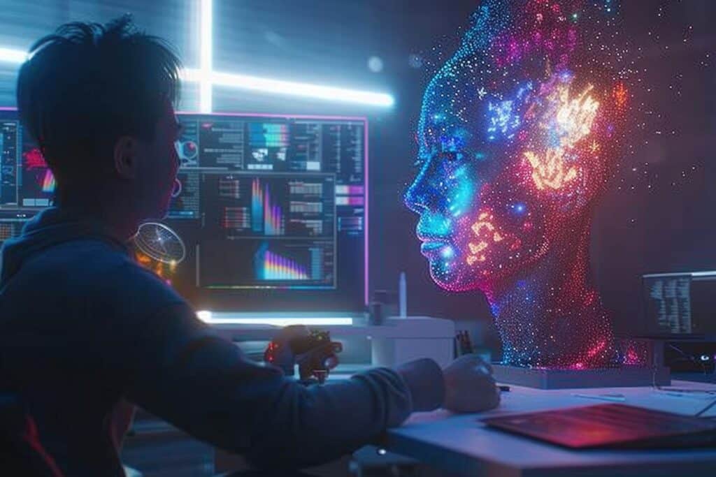 Digital artist with ai in hightech studio aig60
