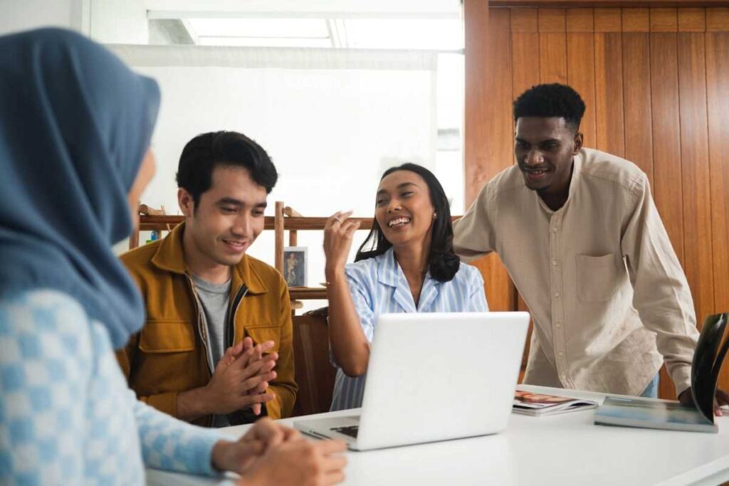Illustration of four interns having a discussion together