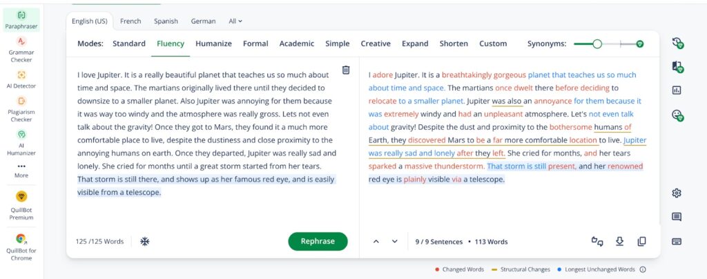 Ανασκόπηση QuillBot: 5 Στιγμιότυπο του εργαλείου QuillBot Paraphrasing που επισημαίνει το ξαναγραμμένο κείμενο και τις επιλογές επεξεργασίας