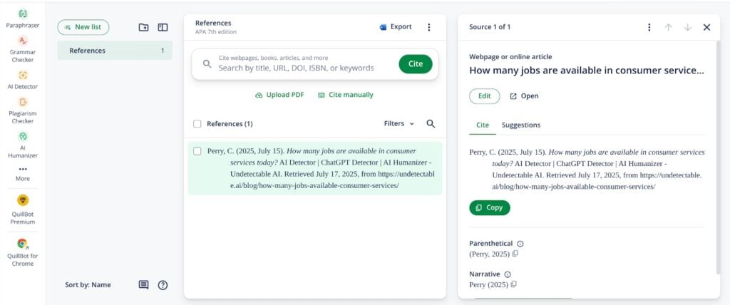 Ανασκόπηση QuillBot: Quillill: Paraphraser, Grammar Checker & More 12 Στιγμιότυπο του QuillBot Citation Generator Review