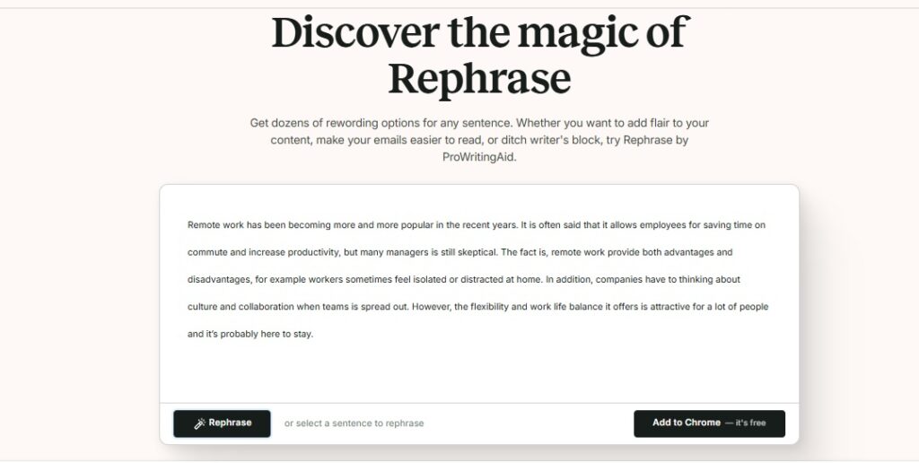 Análise do ProWritingAid: Prós, contras, preços e recursos 7 Screenshot of the ProWritingAid Rephrase