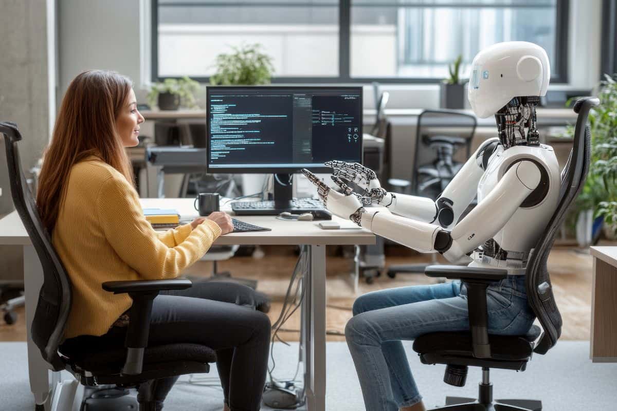 Woman coding with robot in office