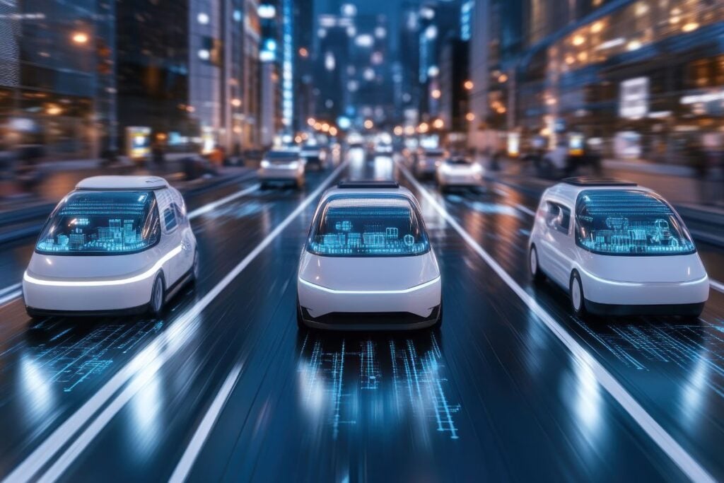 Futuristic autonomous vehicles navigating a city street at night