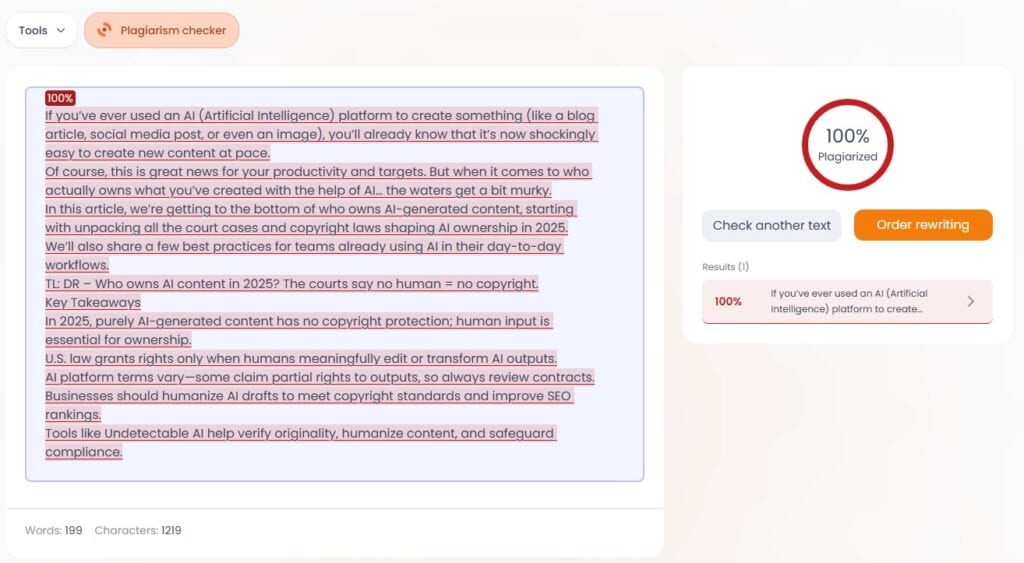 EssayPro plagiarism checker screenshot #2 showing 100% plagiarism result for a sample text