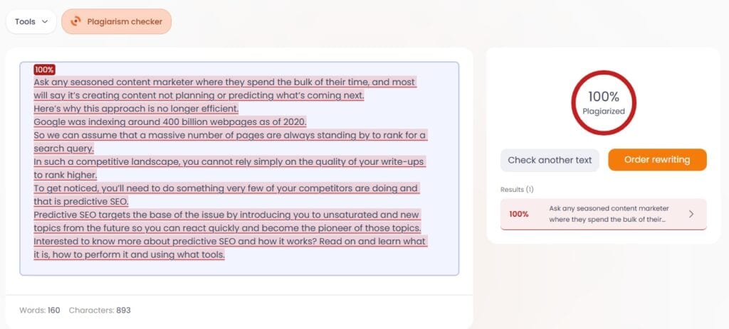 EssayPro plagiarism checker screenshot showing 100% plagiarism result for a sample text