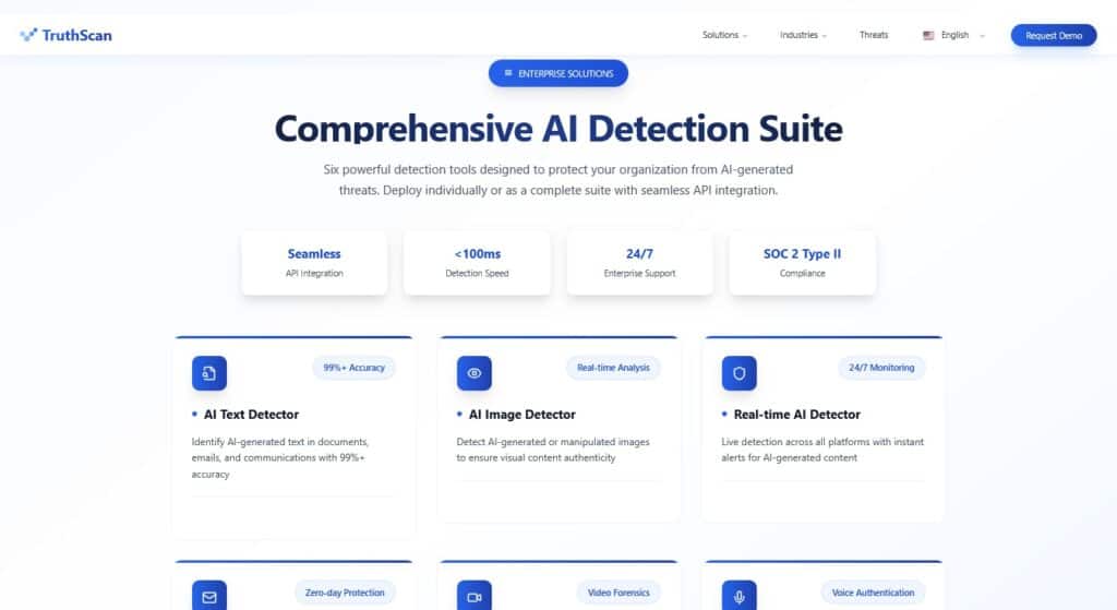 Skærmbillede af TruthScan Comprehensive AI Detection Suite-dashboard.