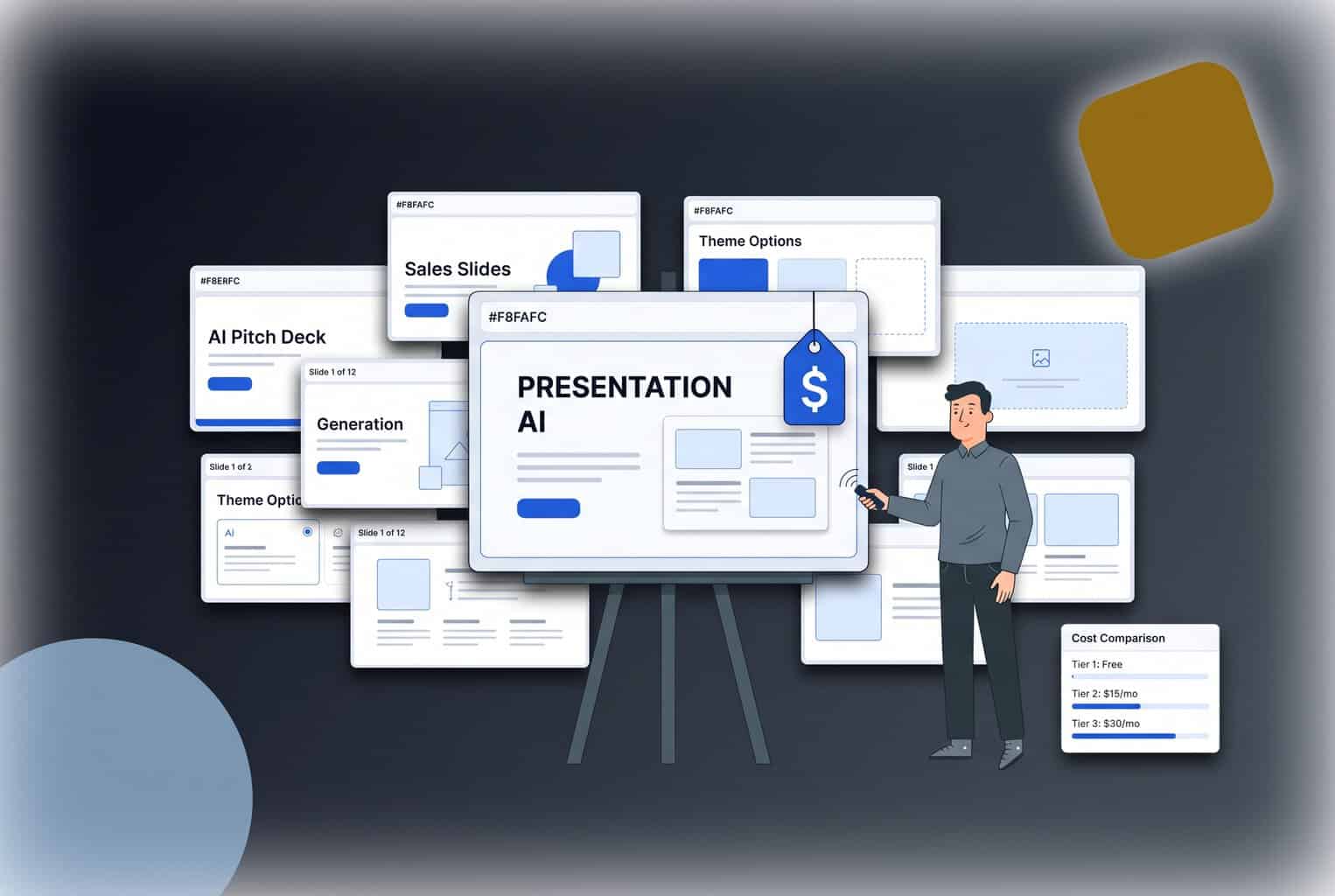 A man using a remote to showcase a giant PowerPoint slide on an easel with a price tag, surrounded by a fan of smaller slides and a cost comparison card, on a dark gray gradient background.