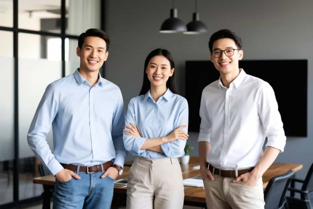 Team of coworkers in smart casual business outfits in an office