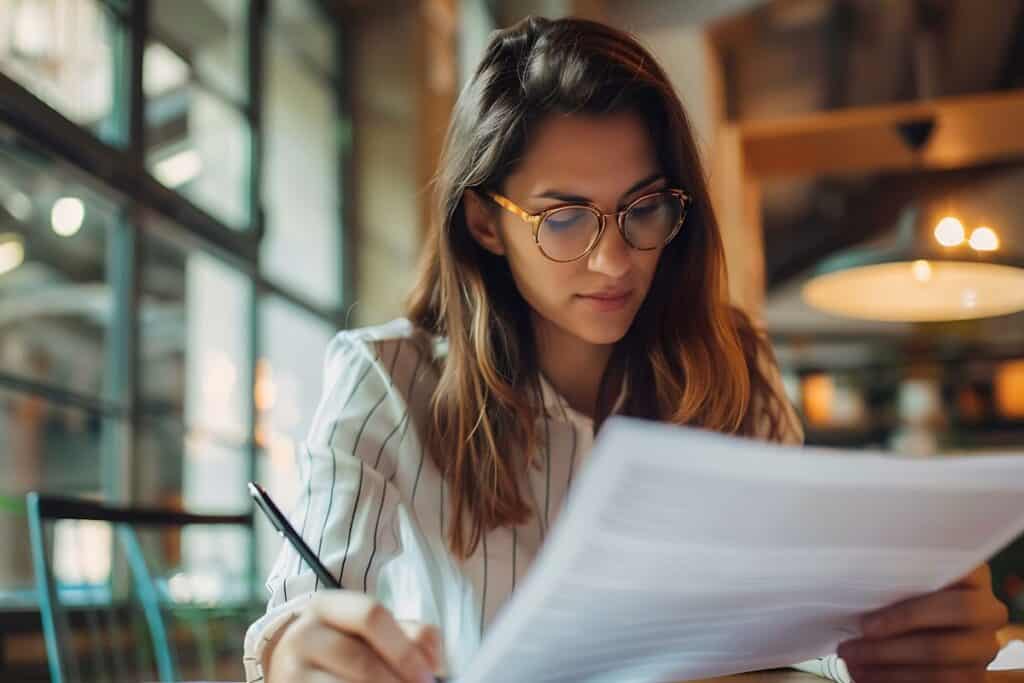 Employee reviewing documents focused expression