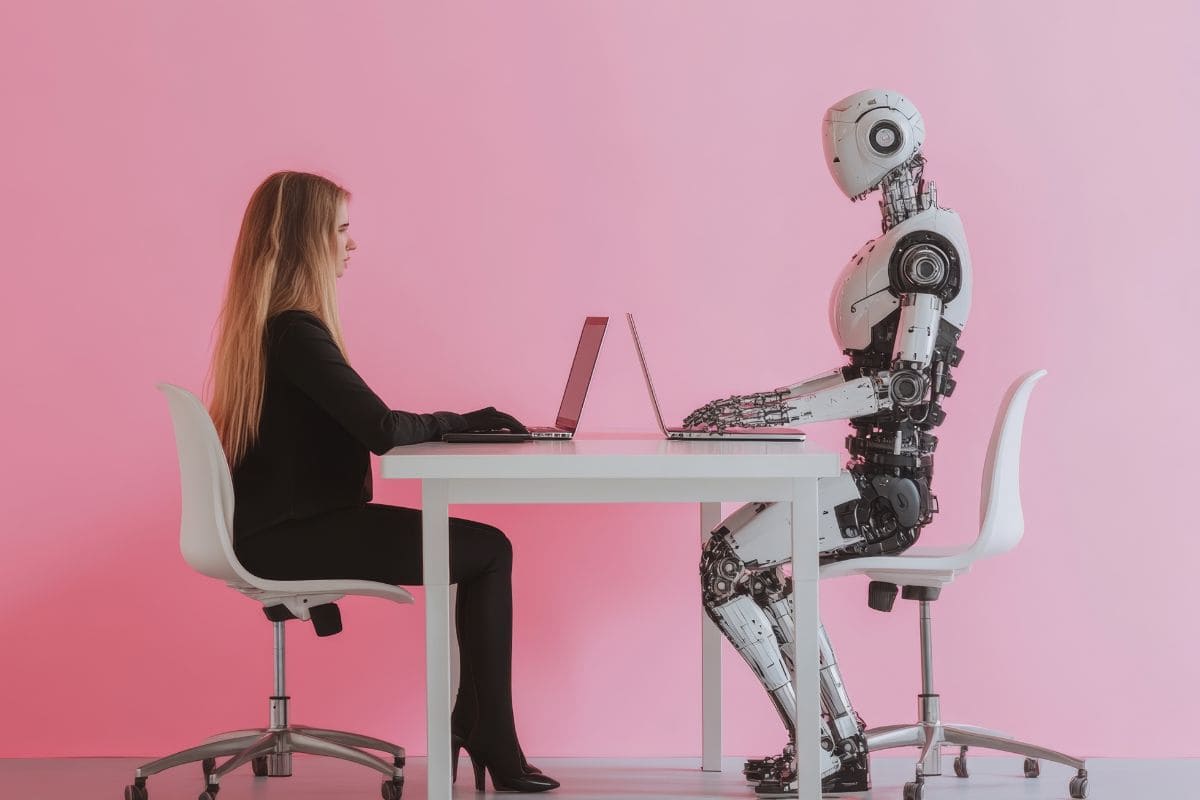 Woman and robot collaborating on laptops