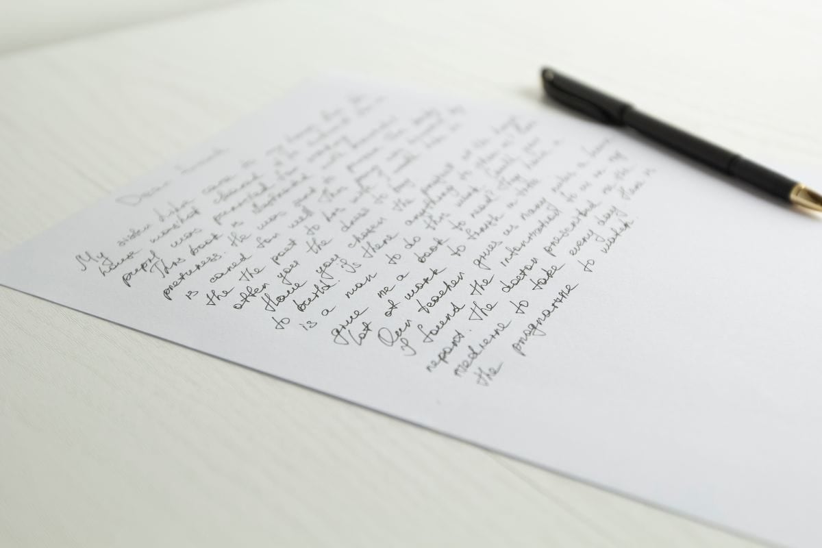 The text of the written letter on paper