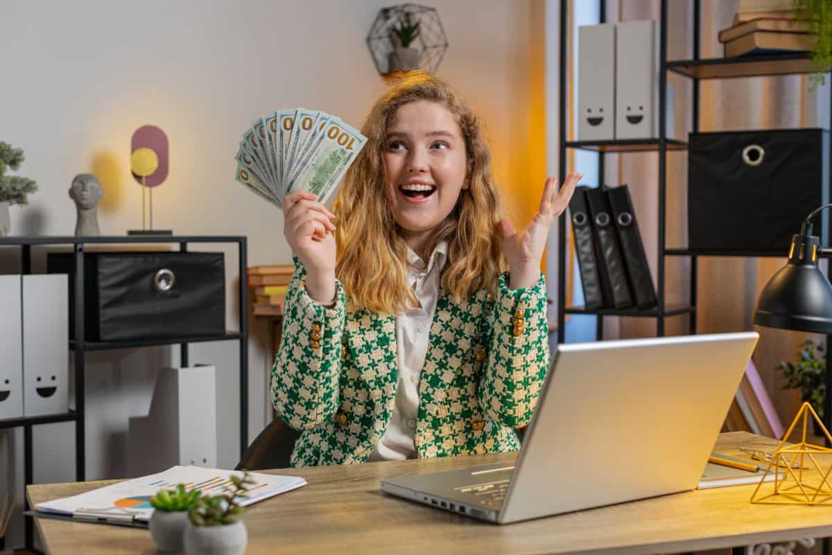 Businesswoman girl earnings big profit success win lottery